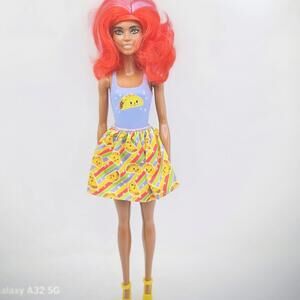 Barbie fashion doll w/red & pink wig taco dress yellow heels 2019